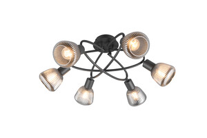 TARIFA – Plafonnier rétro chic 6×E14 métal noir mat et verrerie chromée cannelée, réf. 662800632